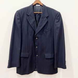 Yves Saint Laurent Mens Jacket Blazer 42L Blue Pinstripe Worsted Wool Luxury